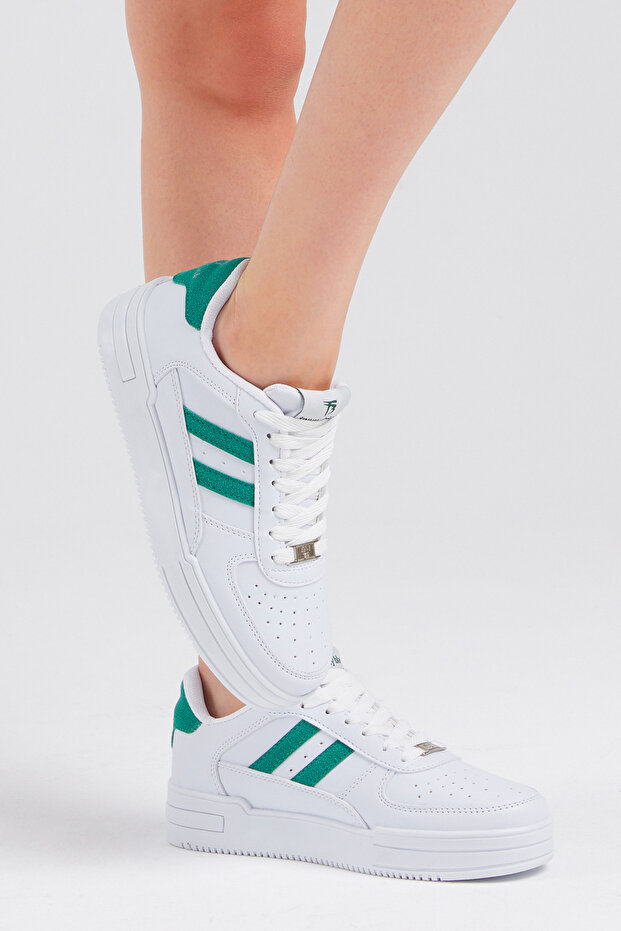 Unisex White Green Side Striped Lace Up Comfortable Sneaker