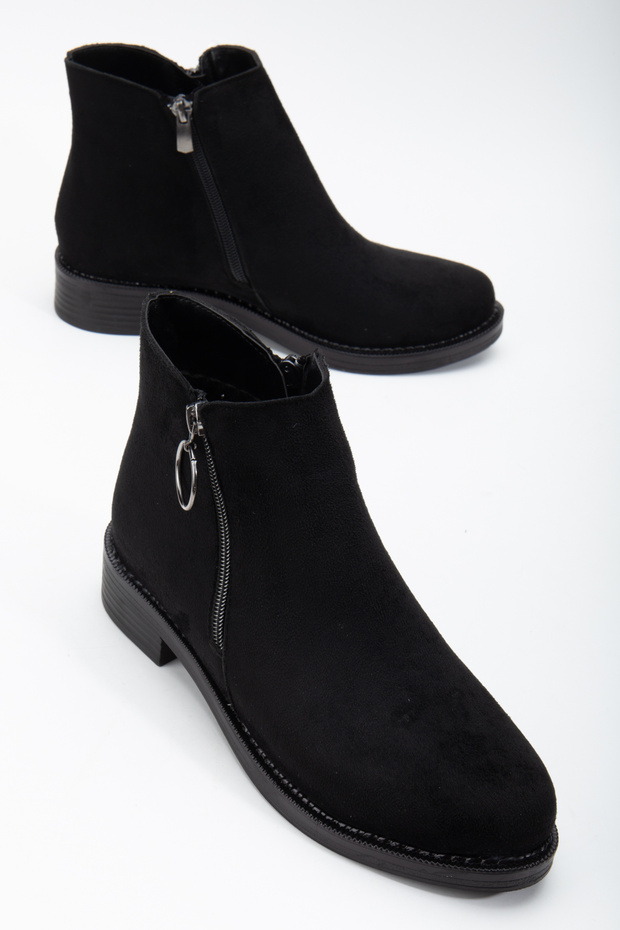 Women's Black Suede Thermo Sole Buckle Double Zipper Short Heeled Boots
