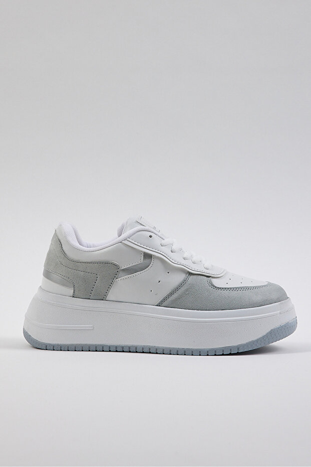 Women's White Gray Comfortable Fit High Sole Lace-Up Sneakers