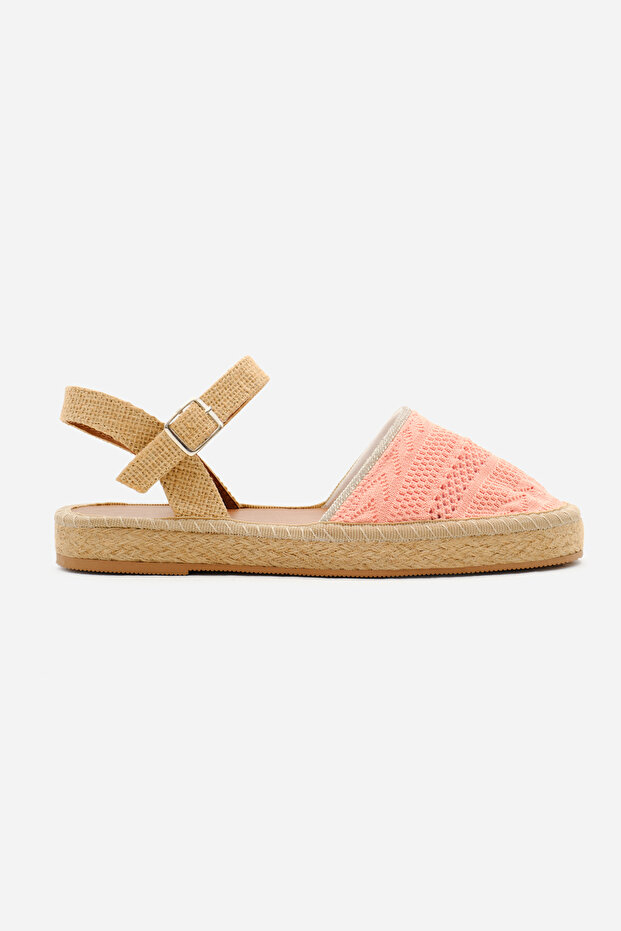 Women's Pink Front Closed Ankle Strap Straw Knitwear Sandals