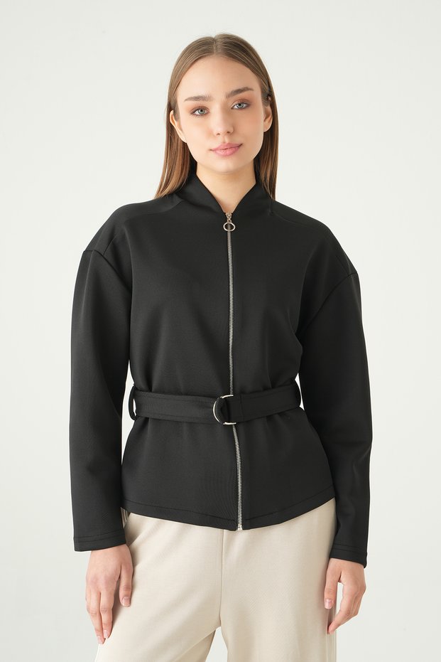 Black Bel Tie-Detail Zippered Cardigan 3075A