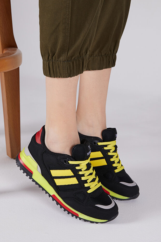 Unisex Siyah Sarı Termo Taban Şeritli Bağcıklı Spor Ayakkabı - 6