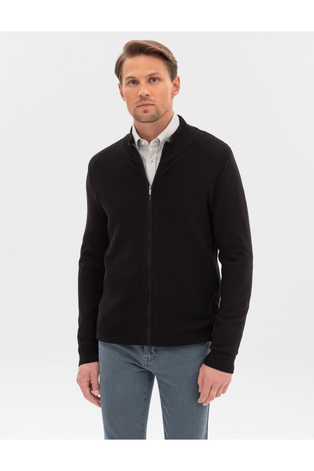Black Slim Fit Zippered Knitwear Cardigan 50317341-Vr046