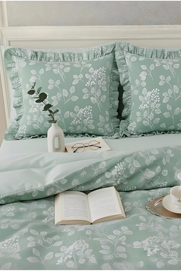 100% Cotton Mint Green Flora Ruffled Double Duvet Cover Set