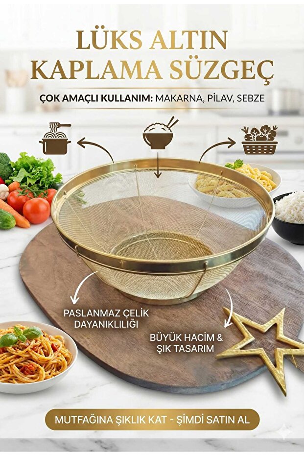 Gold Stainless Steel Pasta Strainer Pedestal Strainer 28 cm