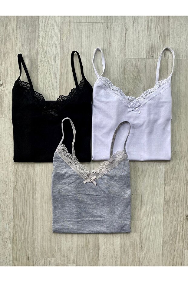 3 Pieces Rope Strap Bow Lace Cotton Lycra Women's AthleteGrey- White-black