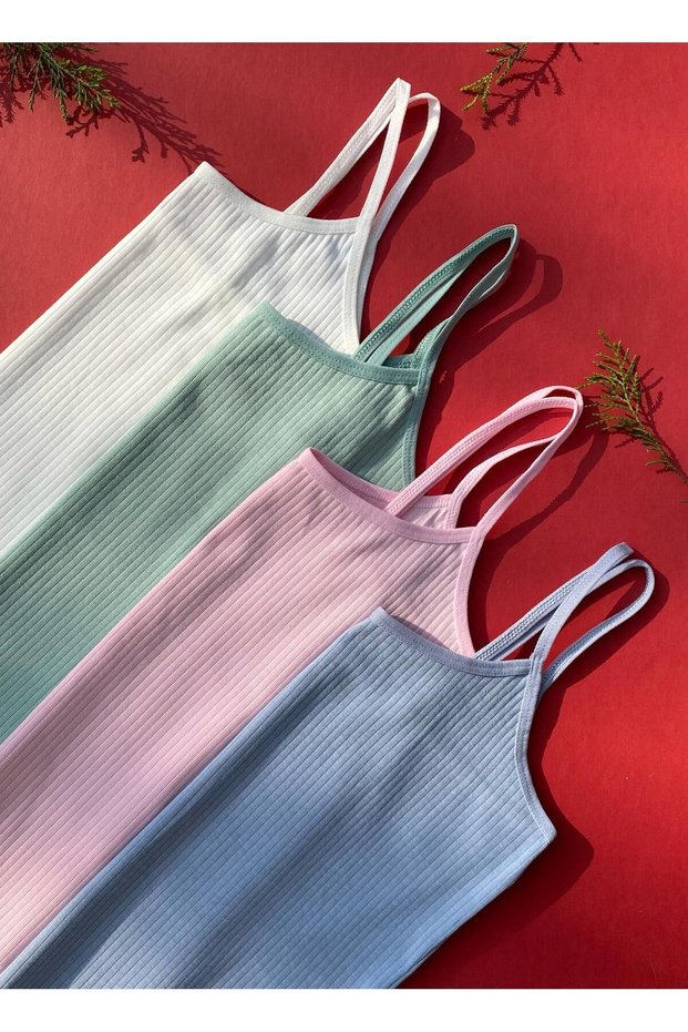 Oval Neck 4-Piece Ecru, Green, Pink, White Strap Cotton Lycra Ribbed Women's T-Shirt-Athlete