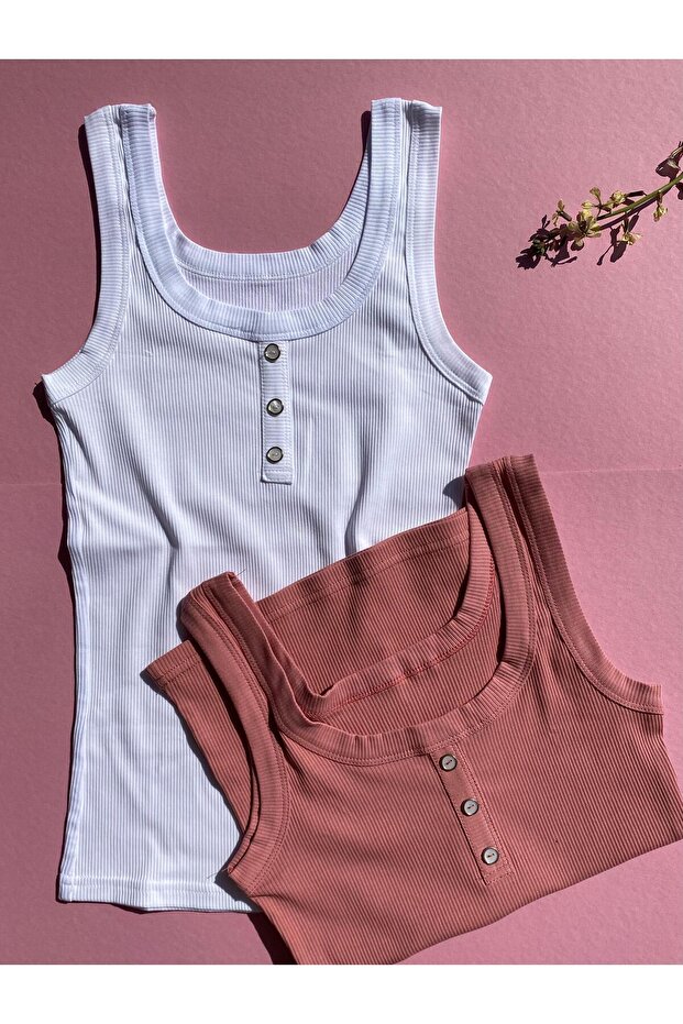 Camisole with 2 Buttons -Dusty Rose and White Color- Ribbed Flexible Women's Blouse-Tank Top
