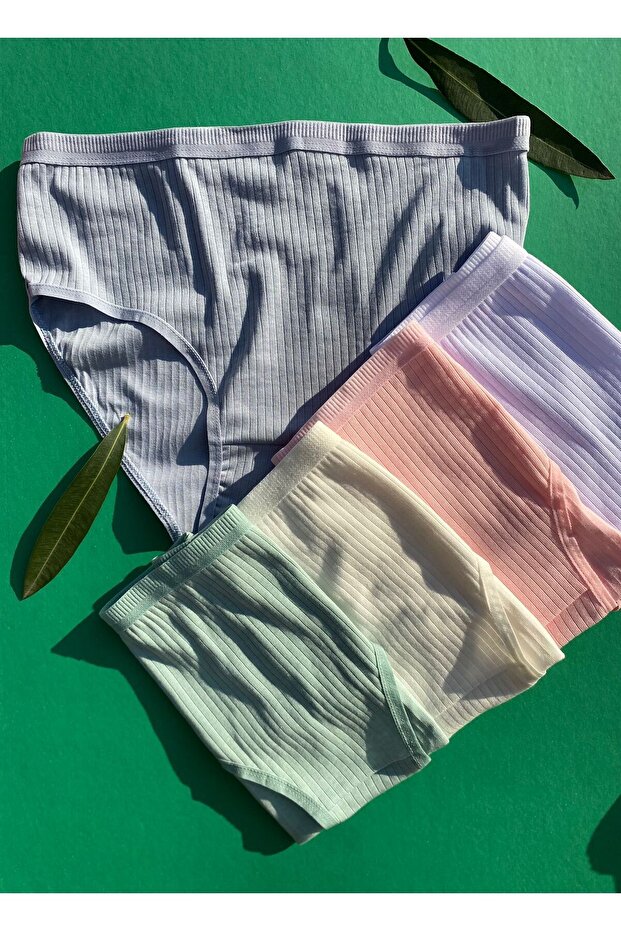 Women's 5-Piece Cotton Ecru, Pink, White, Green and Blue Ribbed Triangle Slip Panties