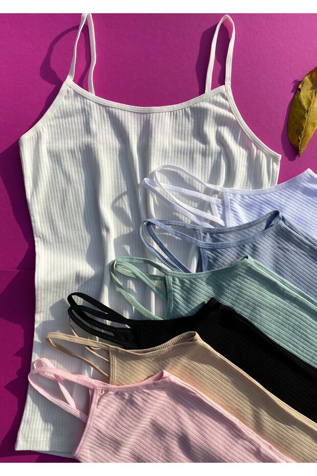 Women's 7 Pieces Rope Strap Cotton Corded Women's Undershirt (Black, White, Ecru, Green, Blue, Tan and Pink)