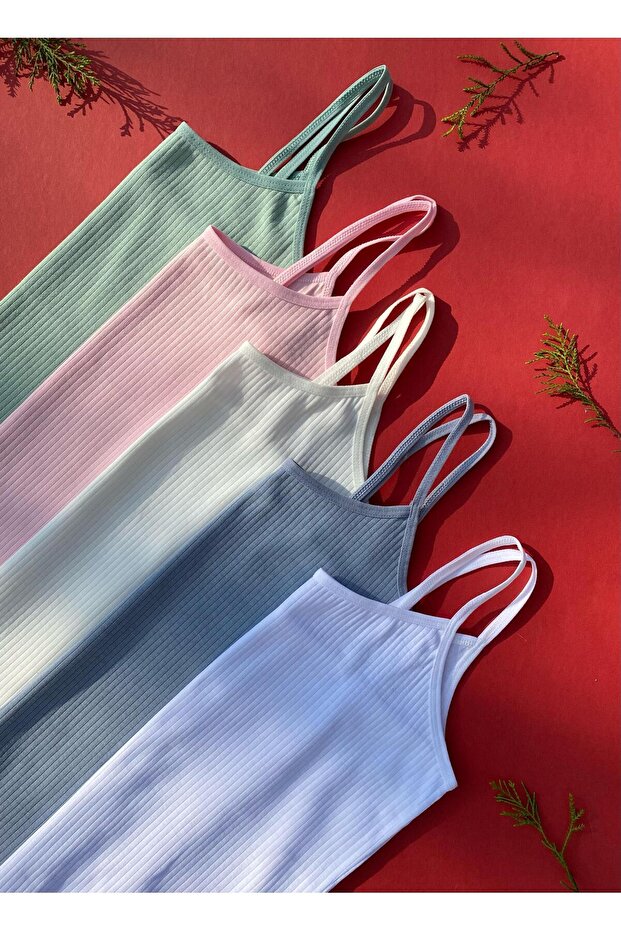 Cotton 5-Piece String Strap Green, Pink, Ecru, White and Light Blue Report Ribbed Women's Tank Top