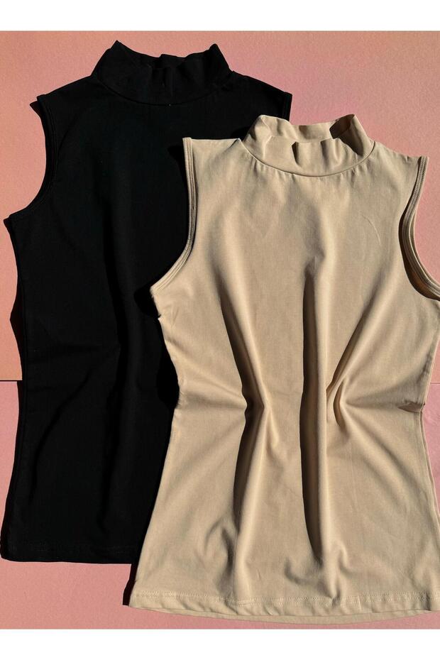 Turtleneck 2-Pack Skin and Black Color Cotton Sleeveless Women's Blouse