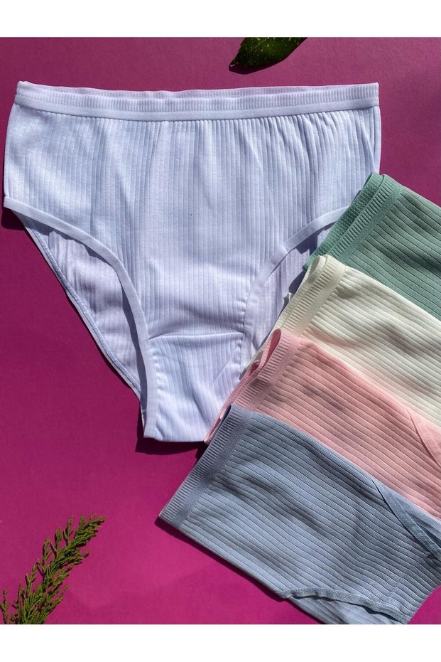 Women's 5-Piece Cotton Ecru, Pink, White, Green and Blue Ribbed Triangle Slip Panties