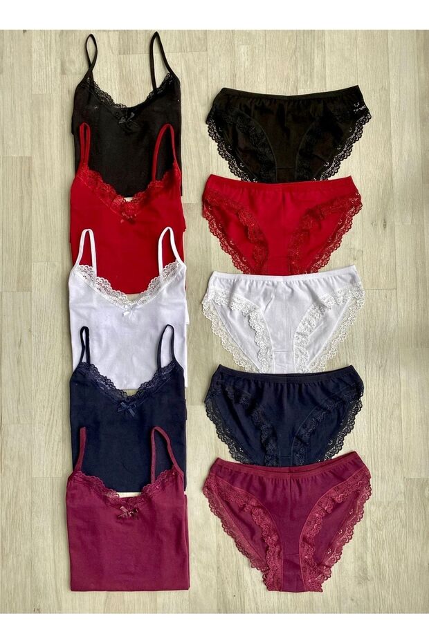 5 Pieces Set: White, Claret Red, Plum, Dark Blue and Black Color Lace Bow Tank Top and Panties