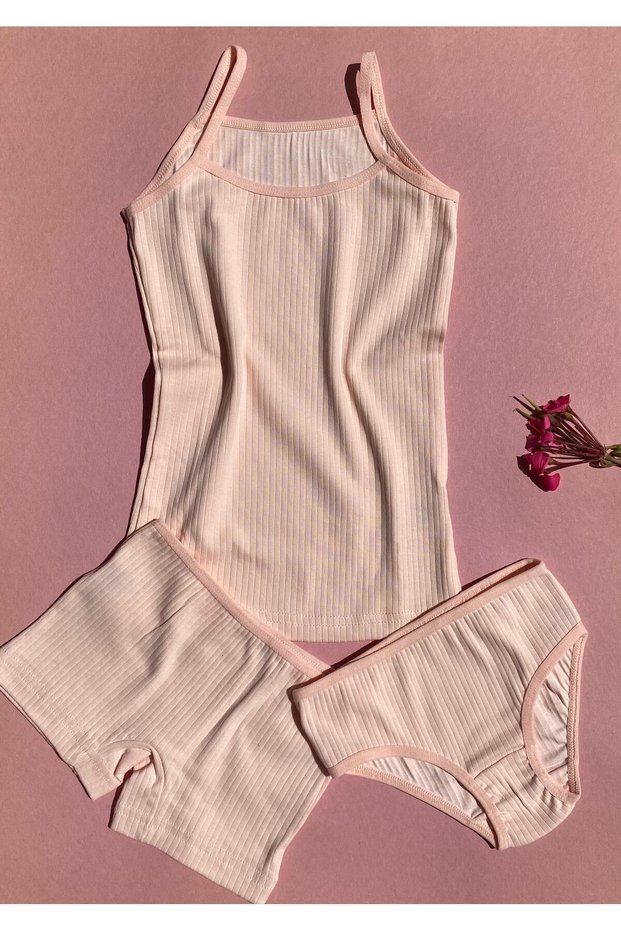Ribbed Knit Color Cotton Girls ' Tank Top, Shorts, and Panties Set (3 Pieces)