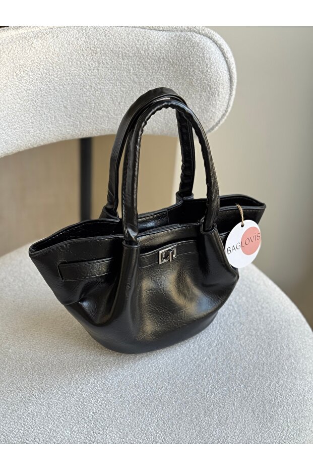 Mini Size Shiny Black Women's Shoulder Bag with Front Lock Detail