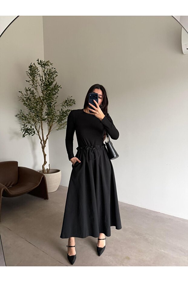 Black Shoulder Pad piece waist gathered dress