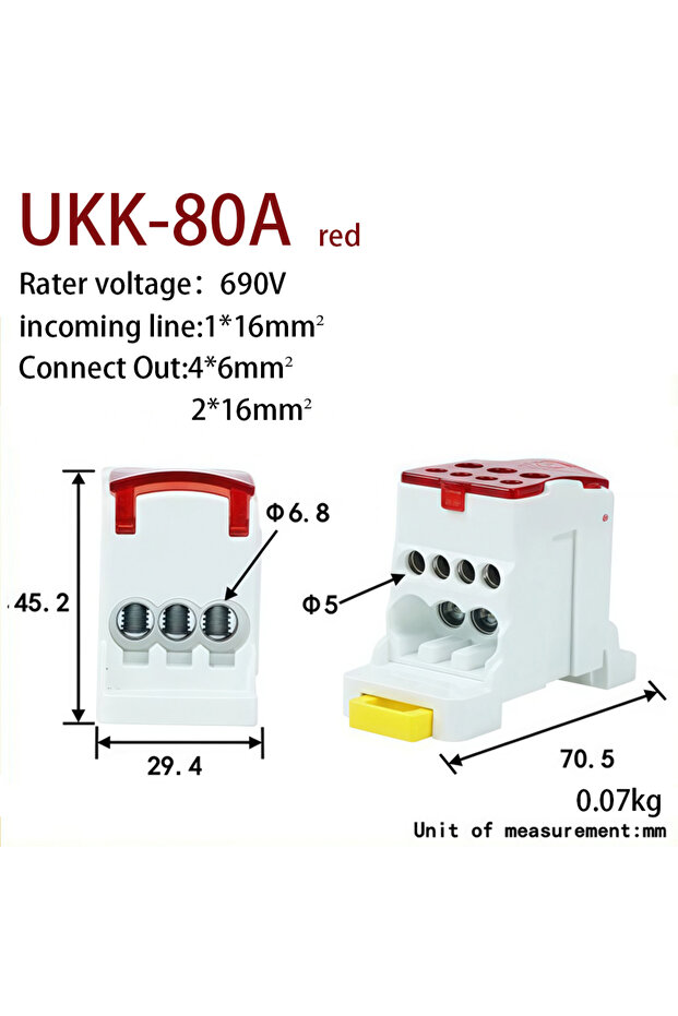 UKK-80A-red كتلة توصيل على سكة DIN، صندوق توزيع UKK 80A/125A/160A/250A/400A، مدخل واحد ومخارج متعددة