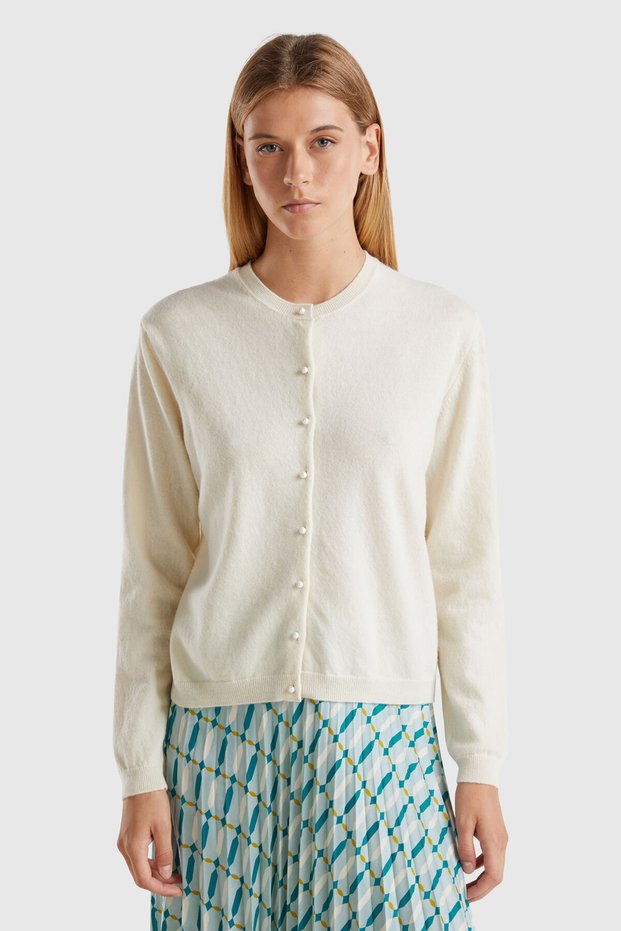 Women's Cream 100% Merino Crew Neck Cardigan with Pearl Buttons
