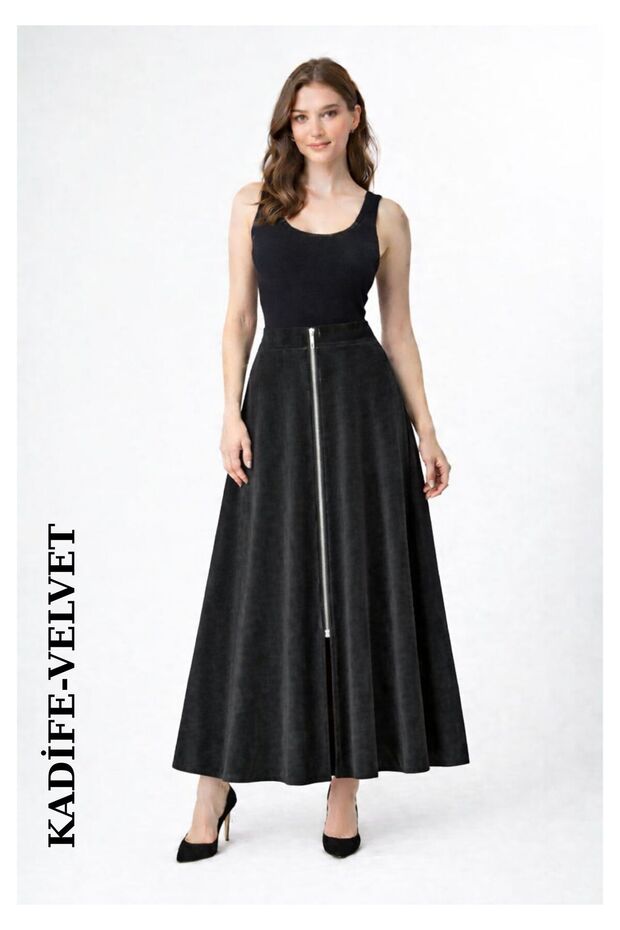 Women's Black Velvet Long Mevlana Skirt with Front Zipper, Flared, Stylish and Modern
