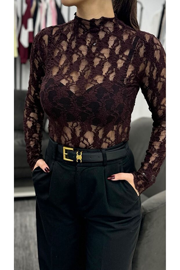 Brown Lace Fisherman High Neck Long Sleeve Bodysuit