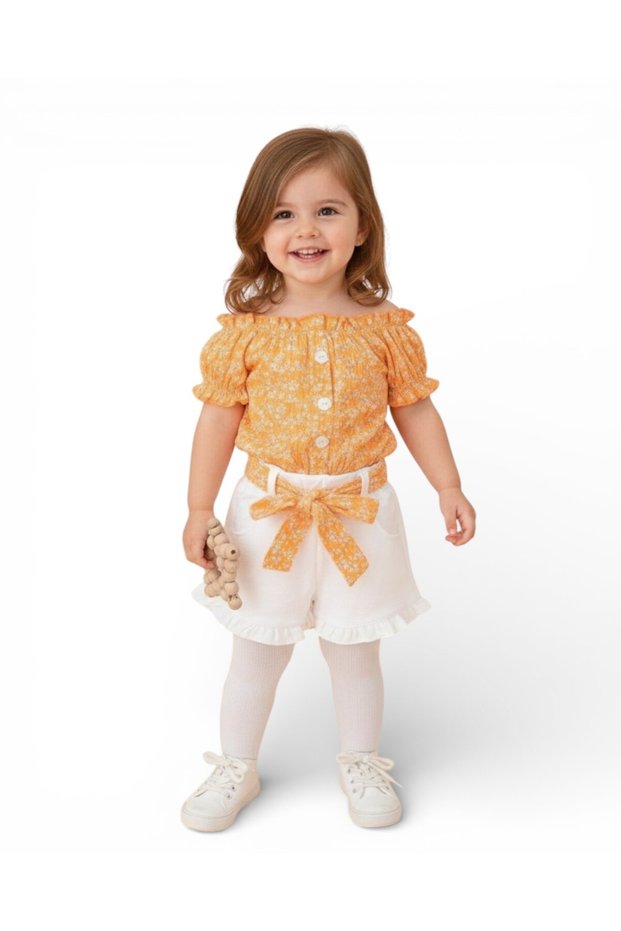 Girl's 2-3-4-5-6 Years Old Summer Flower Printed Bluzlu Muslin Shorts with Belt Stylish Holiday Girl's Suit