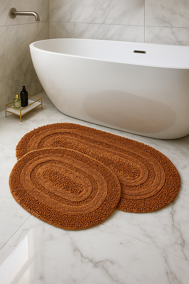 Macoroni Oval Brown 2-Piece Bath Mat Set 100% Cotton Bathroom Rug Toilet Set