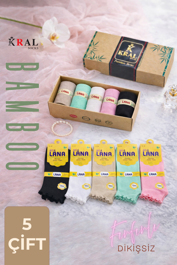 5 Pairs of Women's Bamboo Booties with Ruffles, Seamless Assortment, Gift Boxed Socks