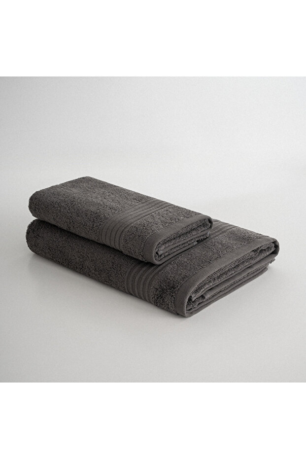 Venus 2-Piece Bath Towel Set 100% Organic Cotton Stripe Bordered Anthracite 50x90/80x150