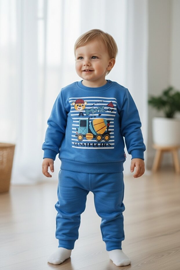 Boy's Winter Fleece Sweatshirt / Tracksuit Set with Blue Digital Print