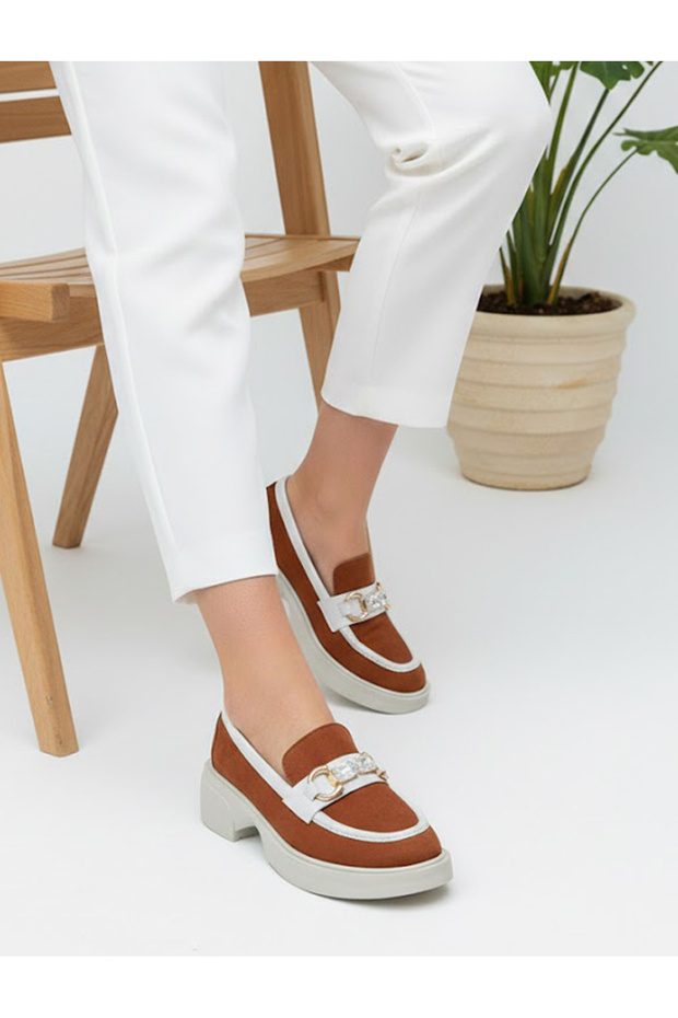 Women's Tan Beige Detailed Suede Stone Buckle Loafer Shoes