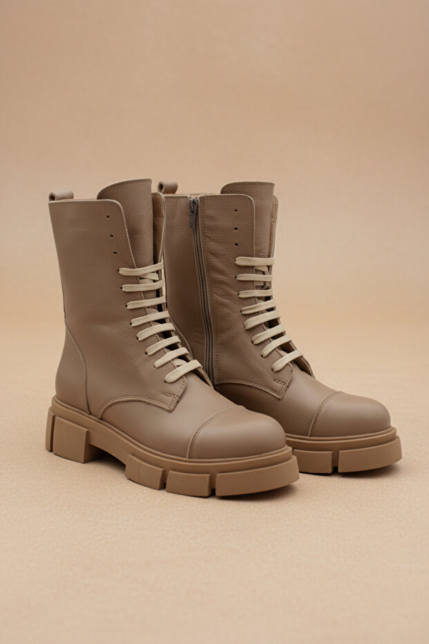 Genuine Leather Tan Lace-Up and Zippered Women's Boots