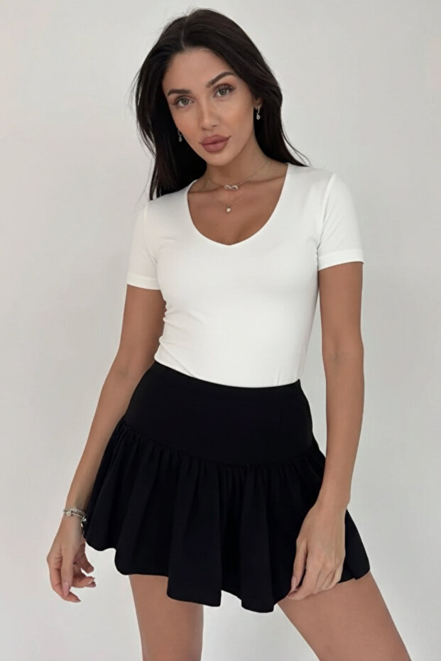 Kadın Beyaz Basic V Yaka Tişört - 2