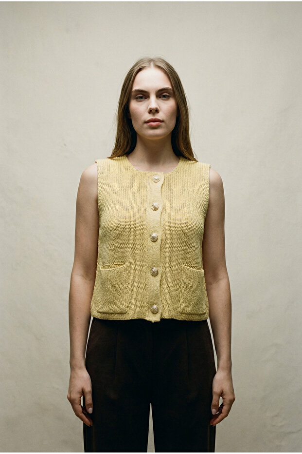 Gold Buttoned Women's Knit Vest - 100% Cotton