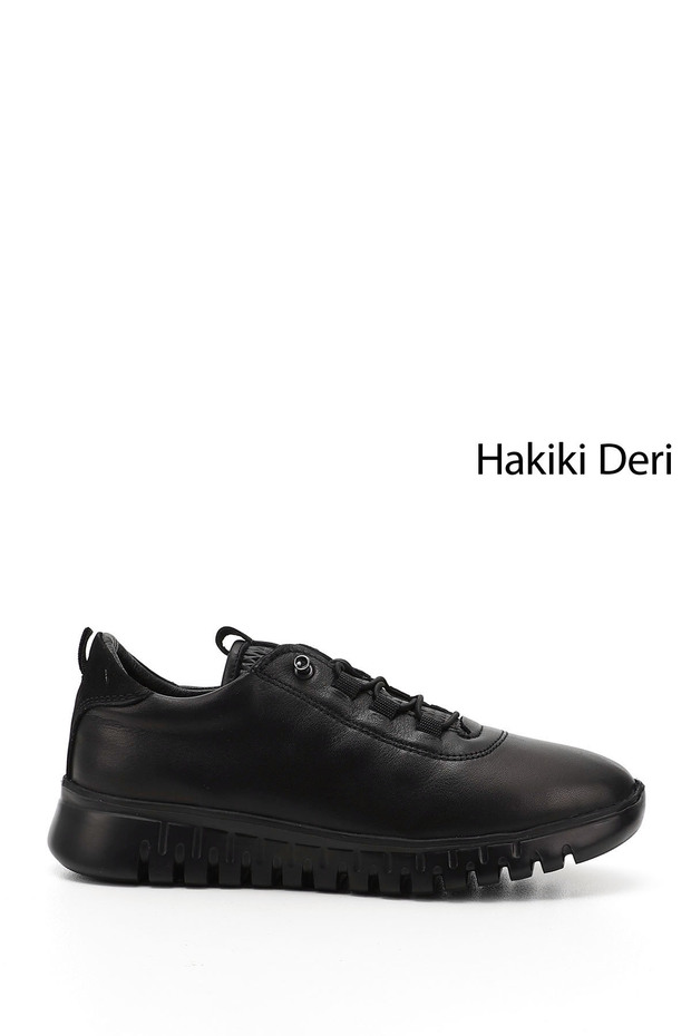 Women's Black Rubber Laced Genuine Leather Sneaker