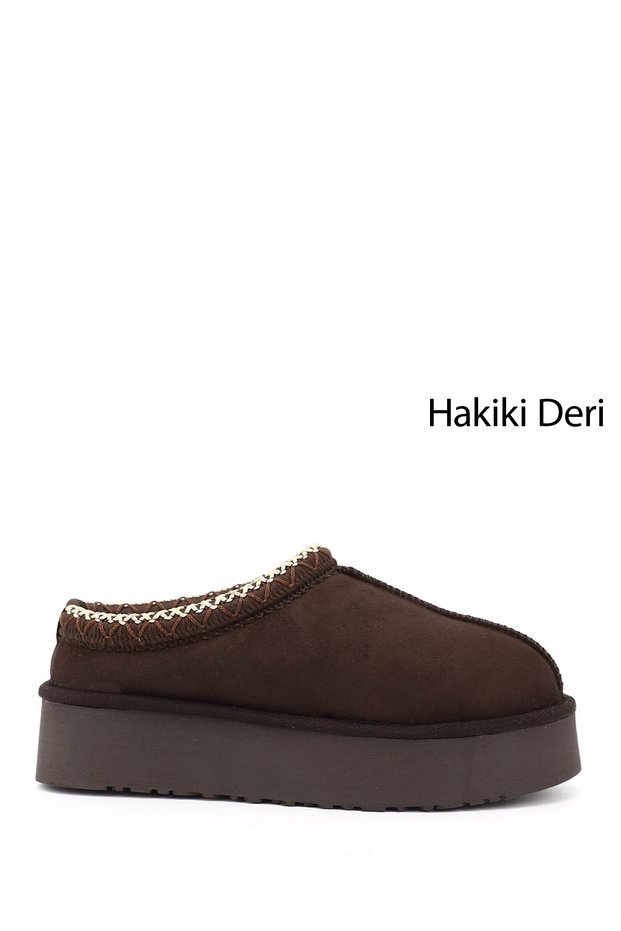 Women's Brown Nubuck W Tazz Thick Soled Genuine Leather Fur Slippers