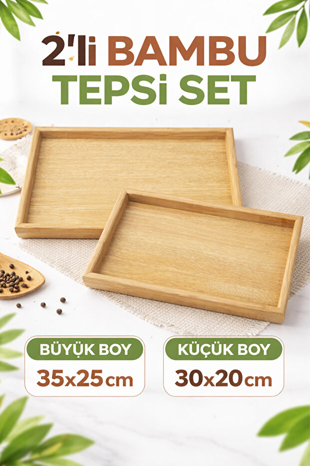 Set of 2 Bamboo Wooden Presentation and Decorative Organizer Trays