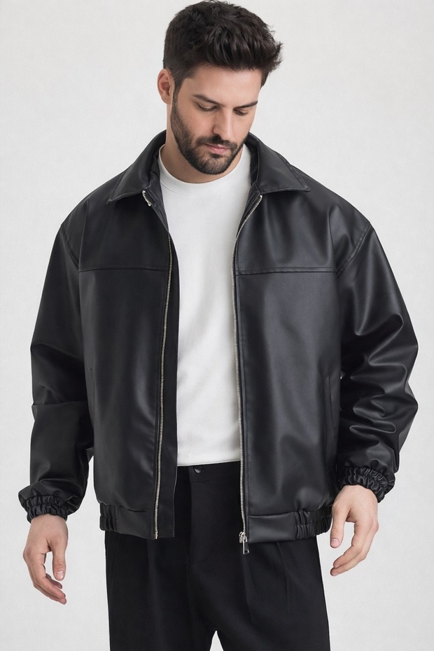 Oversize Erkek Siyah Deri Ceket - 4