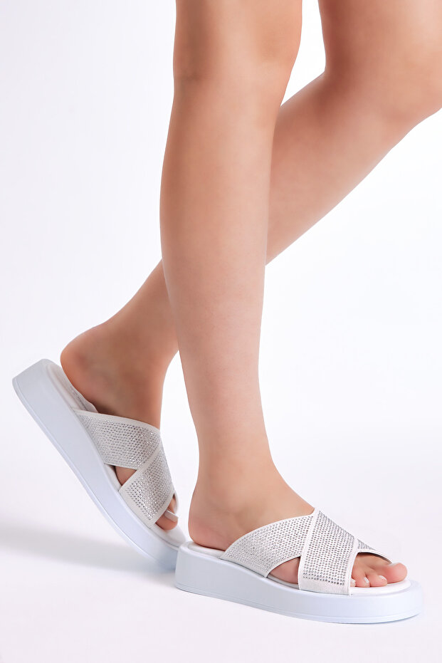 Women's White Stone Embroidered Cross Strap High Sole Slippers