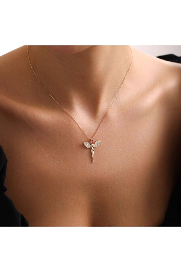 Ruby Taşlı Altın Melek Kolye - 4