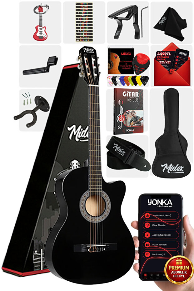 Midex Cg-390bk-xbag Siyah Klasik Gitar 4/4 Sap Ayarlı Kesik Kasa Full Set (ÇANTA ASKI CAPO PENA)