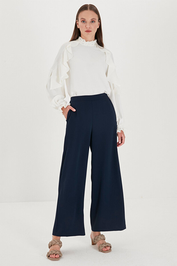 Wide Leg Fabric Navy Blue Trousers P-0013