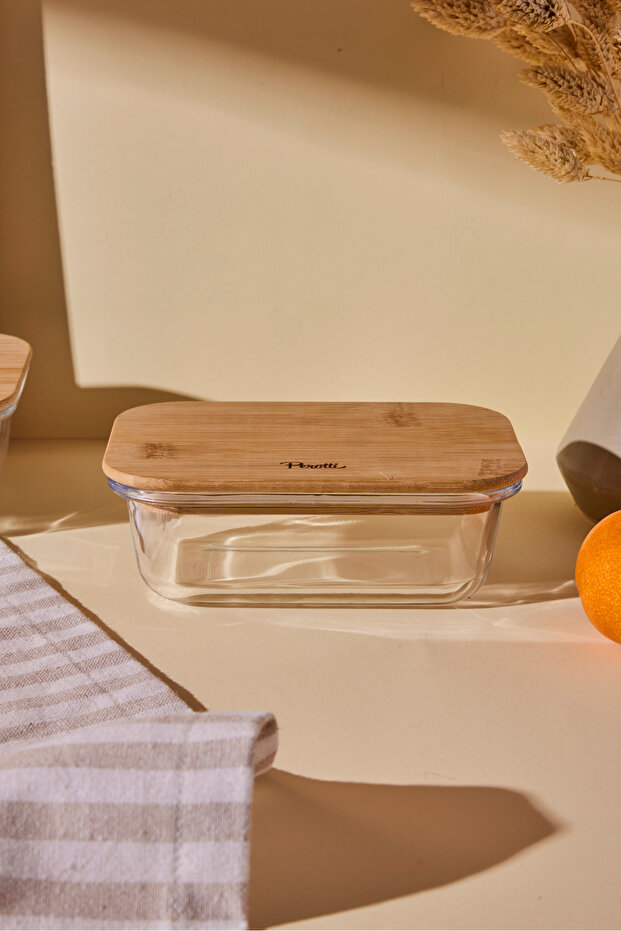 Locky Bamboo 370 ml Rectangular Glass Storage Container - 2