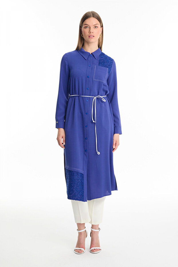 Shirt Collar Lace Detailed Long Violet Tunic 1451