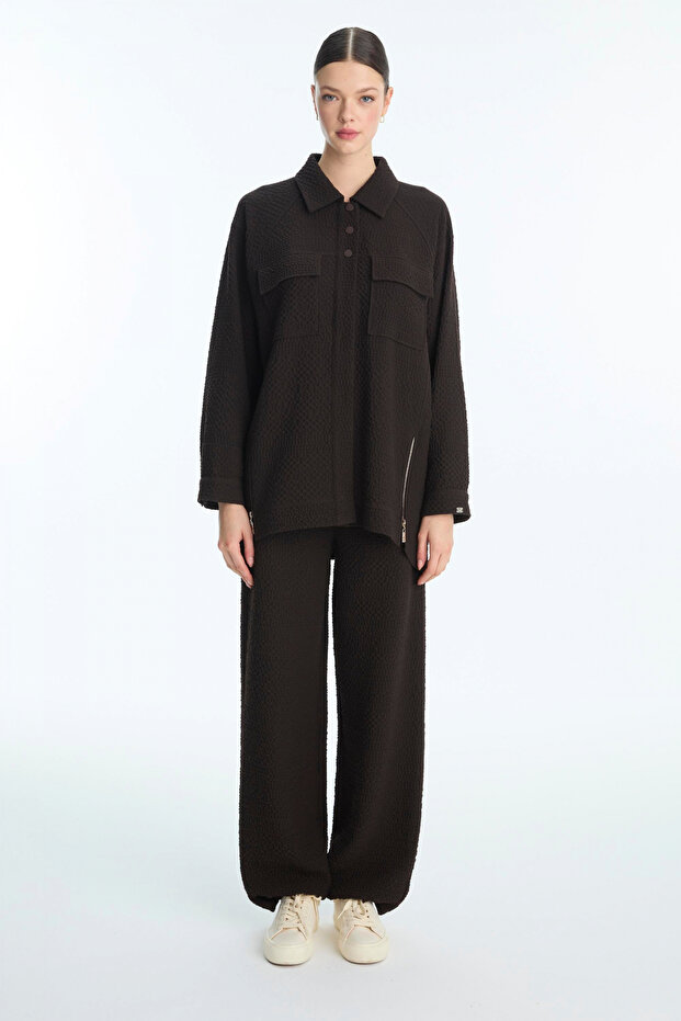 Textured Pocket and Zipper Detailed Double Suit Set Brown 1697