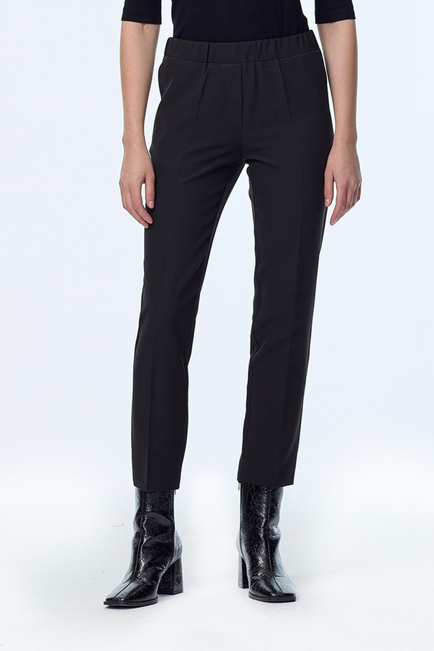 Narrow Leg Elastic Waist Fabric Black Trousers 0148