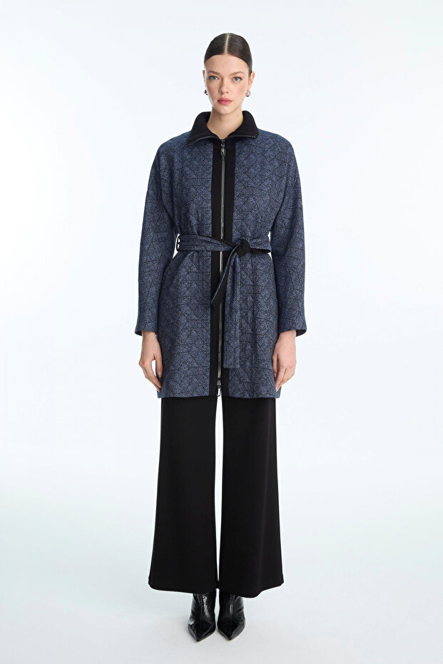 Patterned Belted Navy Blue Jacket 0178 - 2