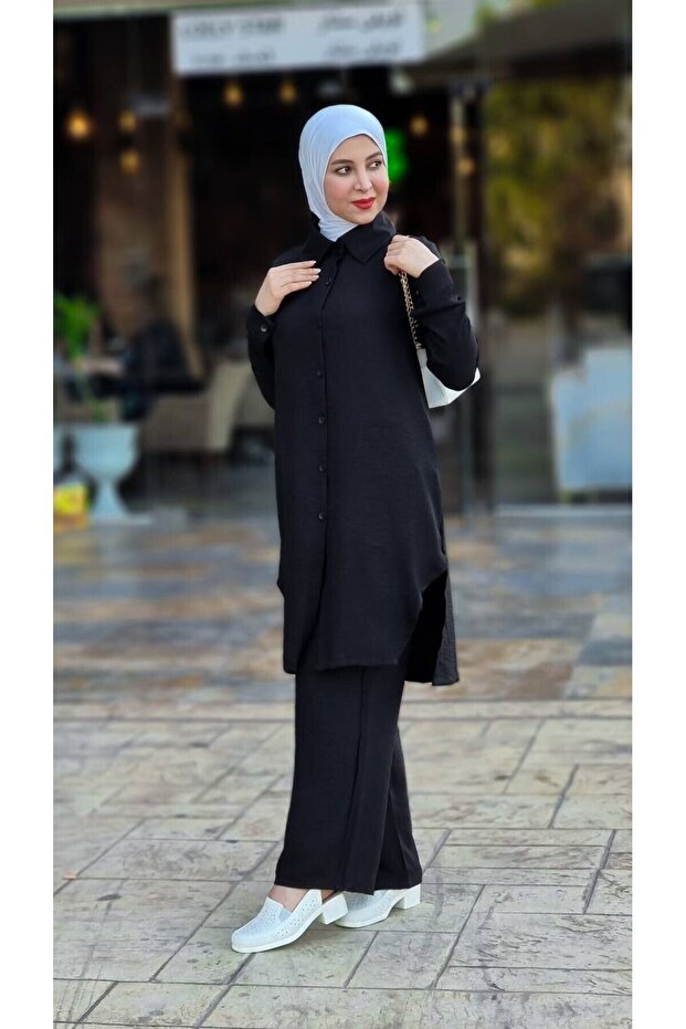 4471 - طقم حجاب أسود مزدوج - 4