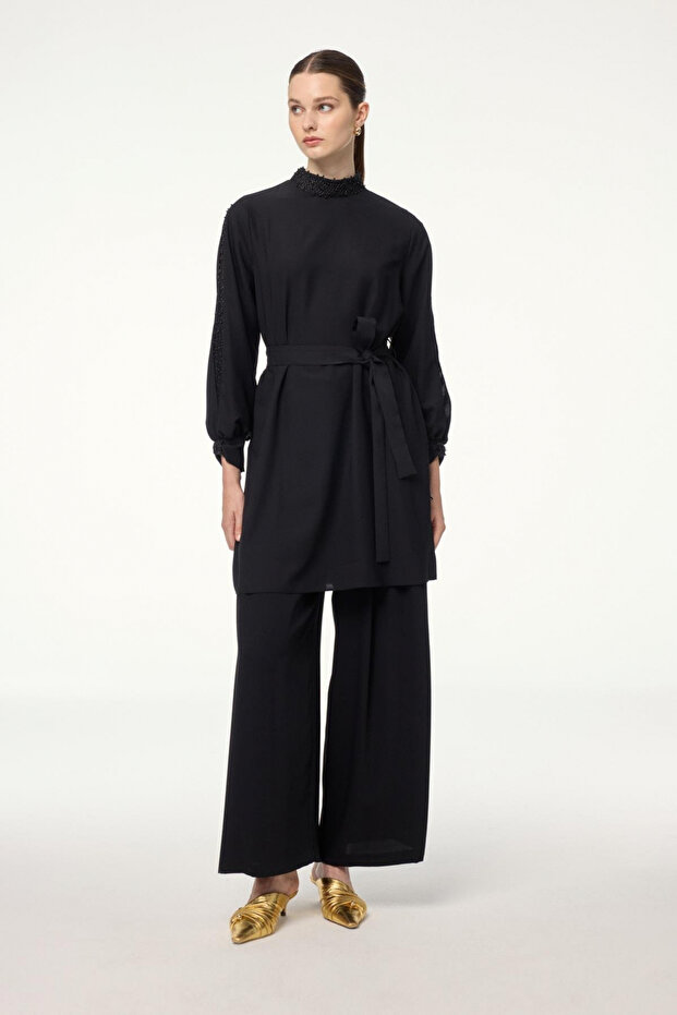 Black Tunic with Stone Detail on Collar and Sleeves and Belt 1551
