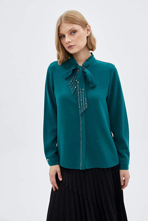 Bow Collar Long Sleeve Shirt Emerald Shirt 0088